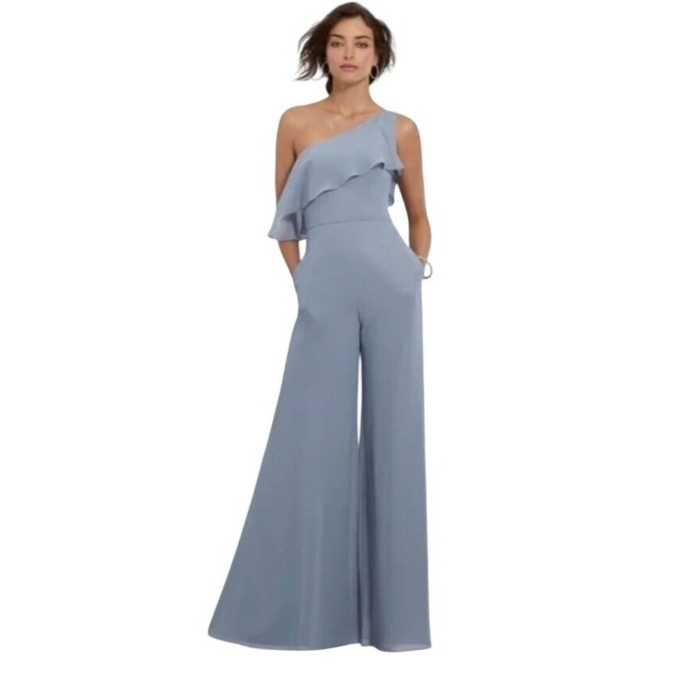 Morilee Jumpsuit Women 10 Dove Gray One Shoulder Ruffle Wide Leg Chiffon Formal